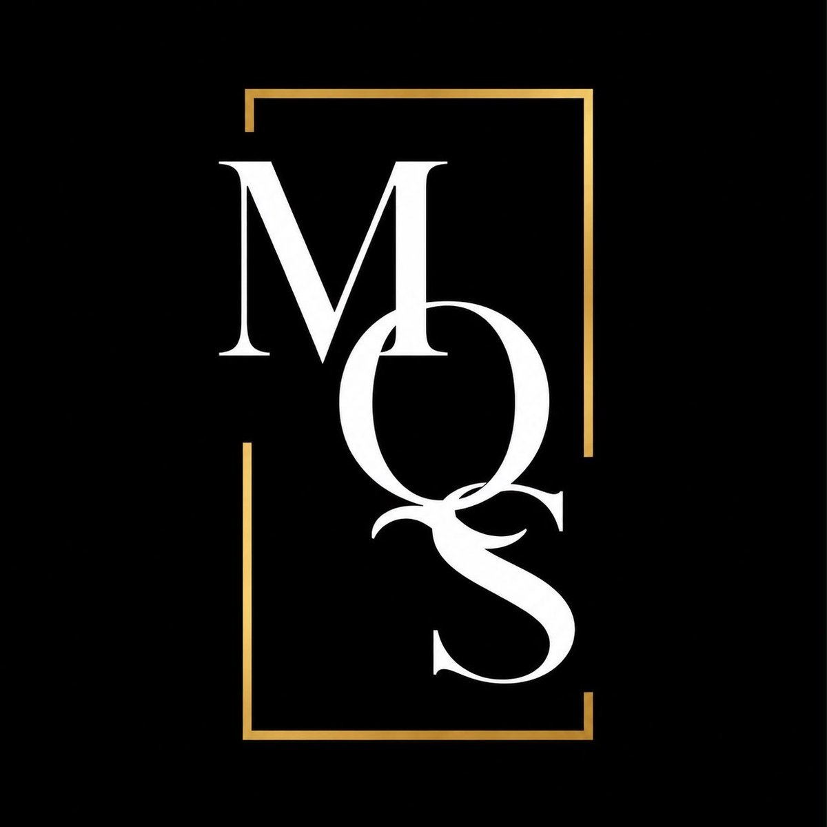 MO logo with stylized letters and botanical elements in gold and white frame on black background